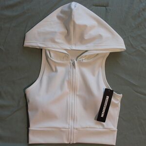 NWT Hooded Workout Zip Up Cropped Tank Top Athletic Gym Sports Top White XS